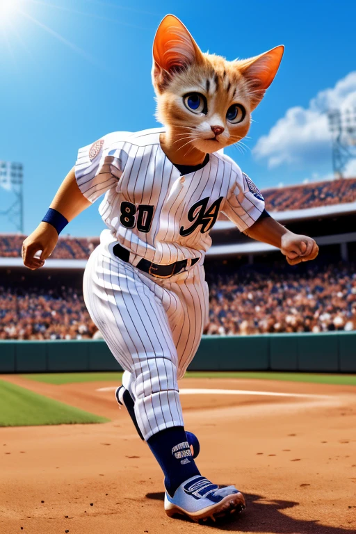 (Highest quality、masterpiece、8K))、Anatomically correct、Very detailed、High resolution、Realistic、((Beautiful, bright, almond-shaped, detailed eyes))、Intricate details、Cinematic lighting、((Dynamic composition))、Cute kitten、baseball player、Uniforms that are too big、Batter、preview home run、bat