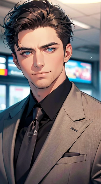 (best quality,4k,8k,highres,masterpiece:1.2),ultra-detailed,(realistic,photorealistic,photo-realistic:1.37),1 man,31 years old,mature man,very handsome,without expression,smile,short grey black hair,blue eyes,penetrating gaze,perfect face without errors,imposing posture,businessman,office background,cinematic lighting,hdr image