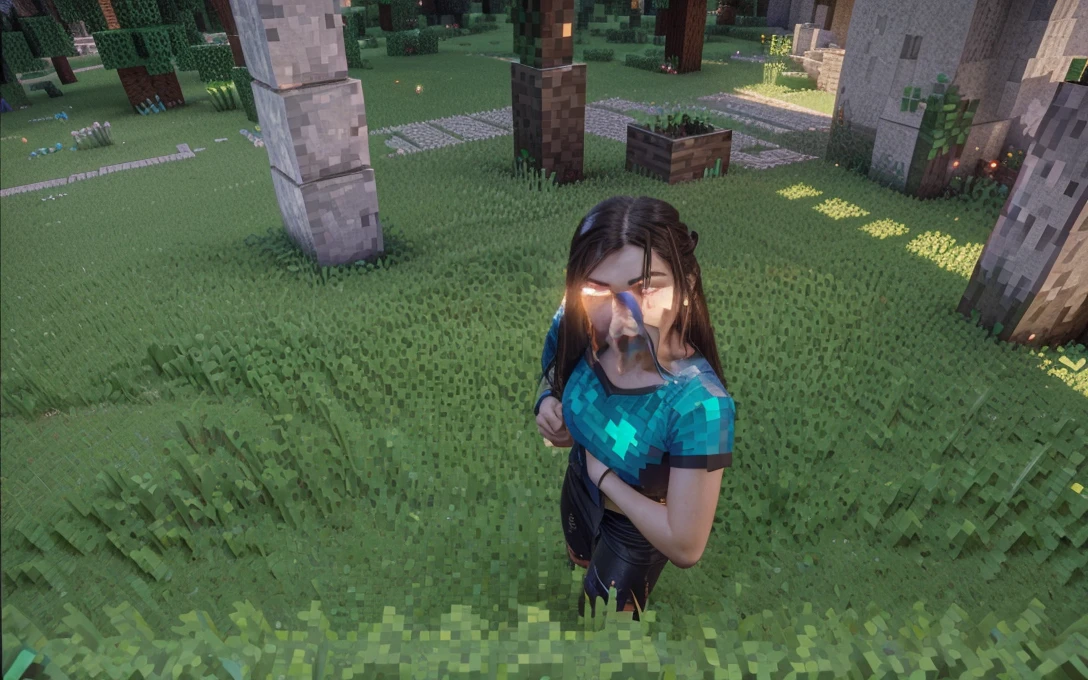 a photorealistic detailed hyper-realistic 3d render of Herobrine from Minecraft, high quality, 8k, ultra-detailed, extremely realistic, physically-based rendering, professional lighting, vivid colors, dramatic shadows, emotive pose, intense gaze, glowing eyes, white skin, long dark hair, tattered clothes, menacing presence, dark fantasy, cinematic composition