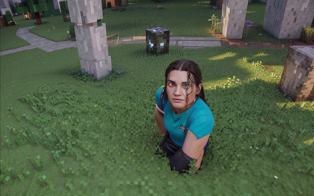 a photorealistic detailed hyper-realistic 3d render of Herobrine from Minecraft, high quality, 8k, ultra-detailed, extremely realistic, physically-based rendering, professional lighting, vivid colors, dramatic shadows, emotive pose, intense gaze, glowing eyes, white skin, long dark hair, tattered clothes, menacing presence, dark fantasy, cinematic composition