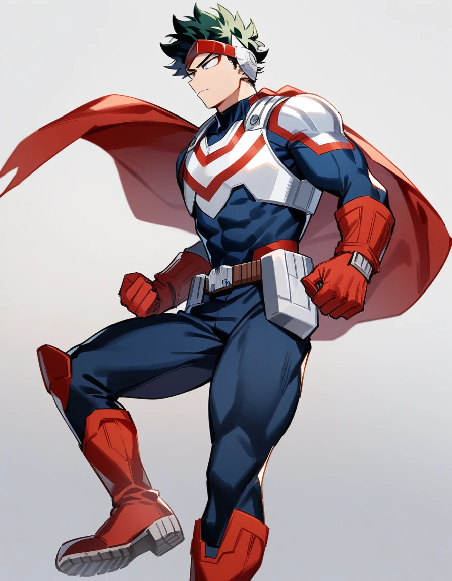One boy, male focus, brown short hair, boku no hero academia, Izuku Midoriya look alike, masterpiece, best quality, very aesthetic, blue, red, white and silver super hero suit, Dark blue chest armor with a white star on the center of the chest. Red and white accents, Red gloves with silver details and a white star on top, Fitted Dark blue pants with red and white accents and a utility belt, Durable Dark red boots with silver details, Red cape with white edges, short and flowing, a sleek helmet with a visor, captain america like suit, proportionally anatomical, full body illustration, The posture should be upright and confident, with a serious facial expression.