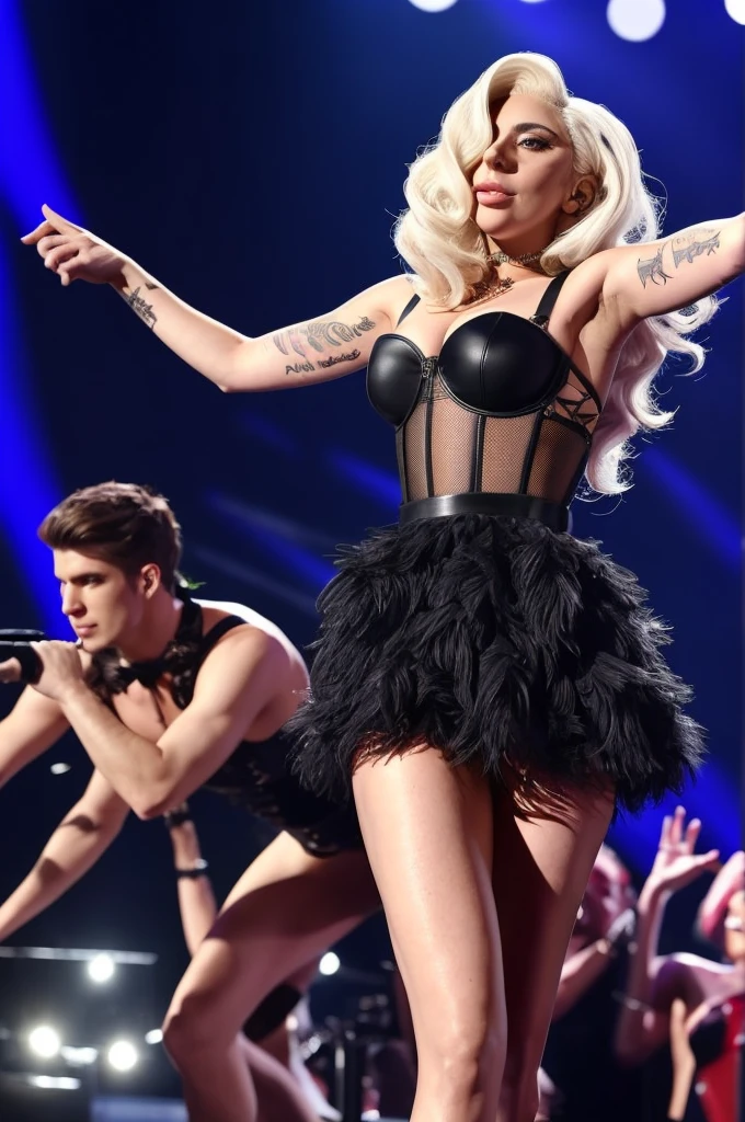 Beautiful lady gaga, wearing a short feathered bustier dress, standing on stage, show