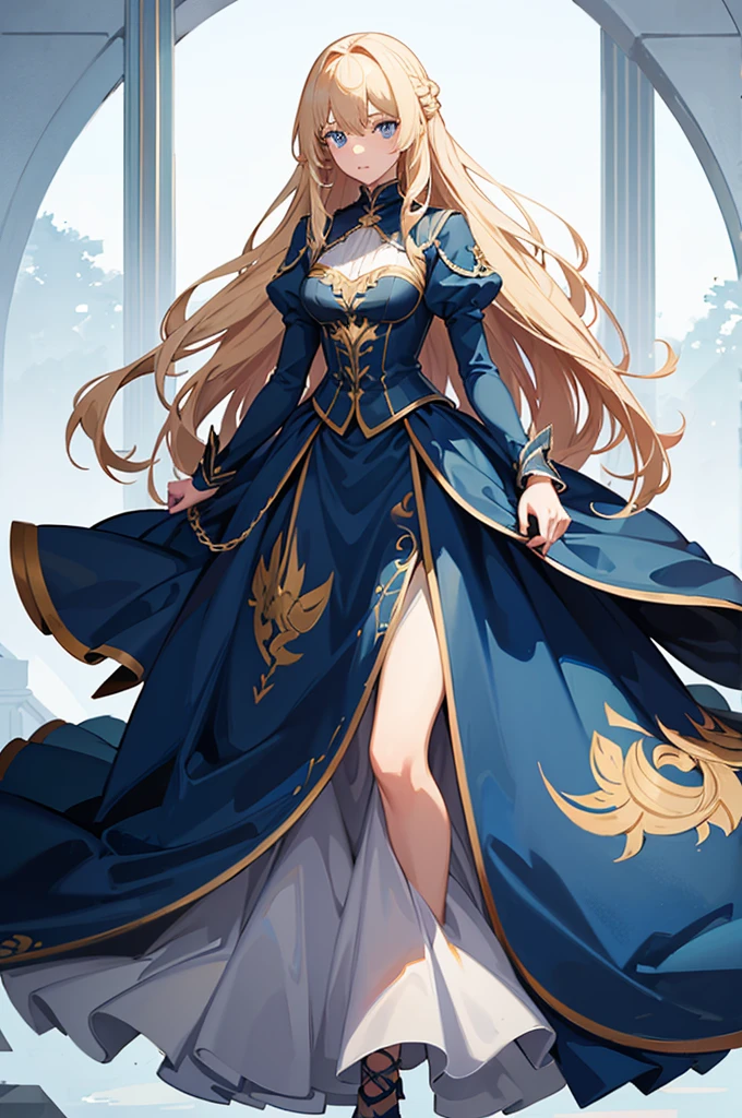 1woman, tall, long blonde hair, blue eyes, dress, standing on ground, high res, ultra sharp, 8K, masterpiece