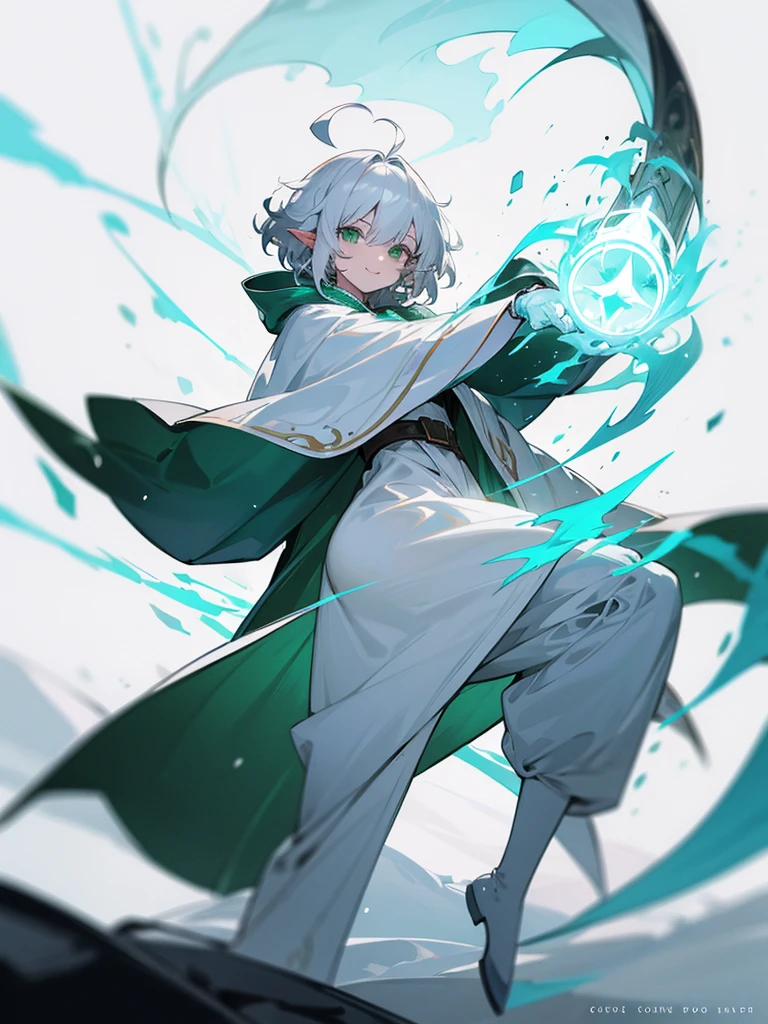 Elf, silver hair,short hair, medium cut, ahoge, curly hair,green eyes,slender, fair skin, cool Smile, robe,  cloak, White gloves, long boots, pants, ice loads magic effect, 