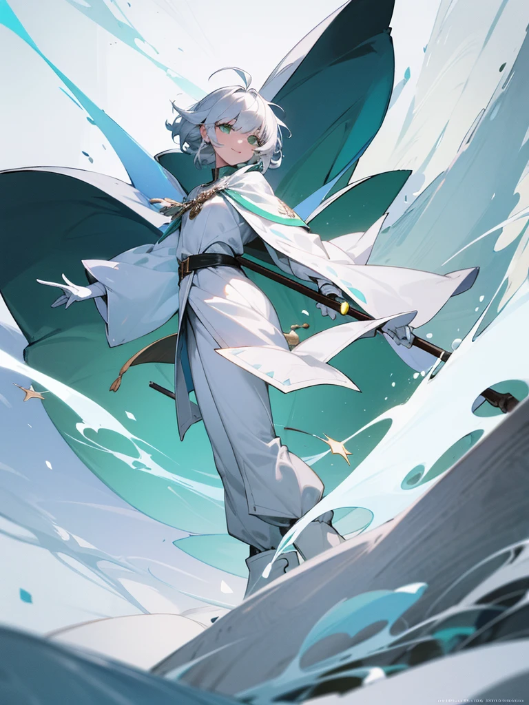 Elf, silver hair,short hair, medium cut, ahoge, curly hair,green eyes,slender, fair skin, cool Smile, robe, cloak, White gloves, long boots, pants, ice loads magic effect,