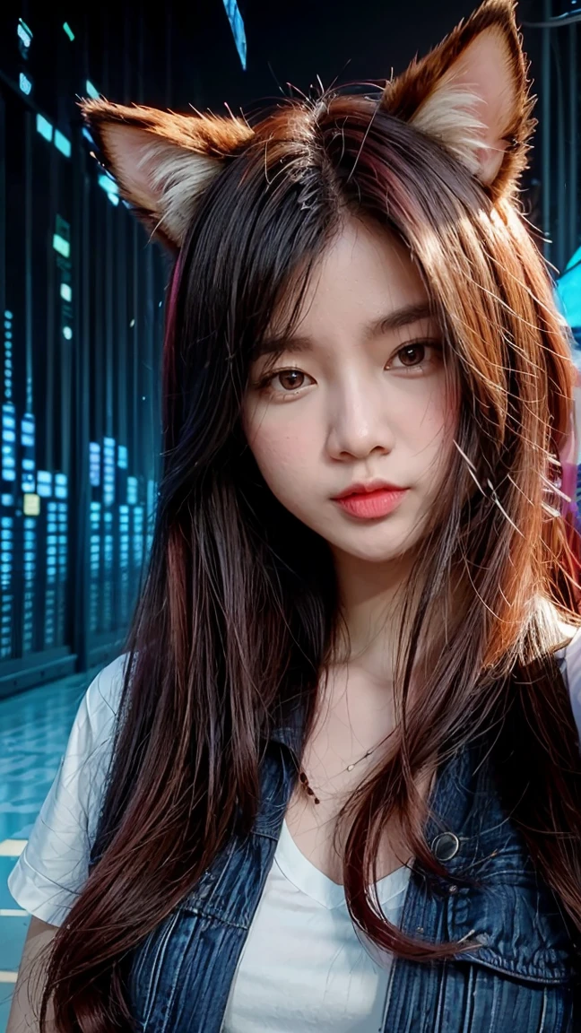 (masterpiece, top quality, best quality, official art, beautiful and aesthetic:1.2), 1girl, red hair, cat ears, (glitch art), (digital distortion), pixelated fragments, data corruption,colorful noise, visual chaos,contemporary aesthetics