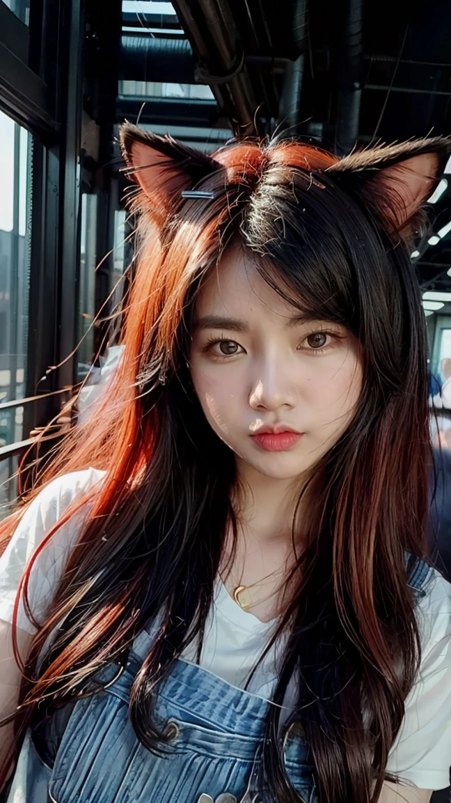 (masterpiece, top quality, best quality, official art, beautiful and aesthetic:1.2), 1girl, red hair, cat ears, (glitch art), (digital distortion), pixelated fragments, data corruption,colorful noise, visual chaos,contemporary aesthetics