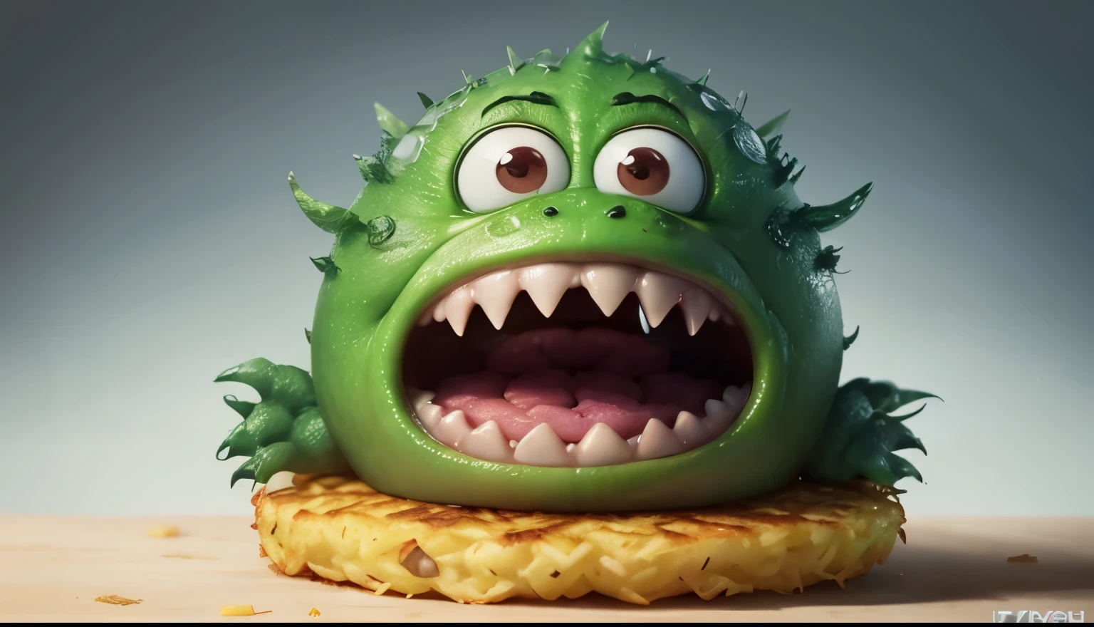 Close-up of a Hash Browns shaped like a cute monster, zbrush central contest winner, cute look, endearing expression, tv commercial, , cute and crazy, laugh-inducing action, disney and pixar animation Character