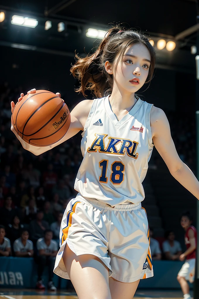 (((best quality))), (((ultra detailed))), (((masterpiece))), illustration, ((1girl,female basketball player,solo)),(slam dunk:1.3), intensity, determined expression, flushed face, perspiration, almond-shaped eyes, mesh jersey, team name and number, form-fitting shorts, athletic build, high-top basketball shoes, indoor basketball gym, well-lit, wooden floor, scoreboard, spectators, stands, action, impact, ball through the hoop, victory, achievement, dedication, skill,(basketball:1.3)