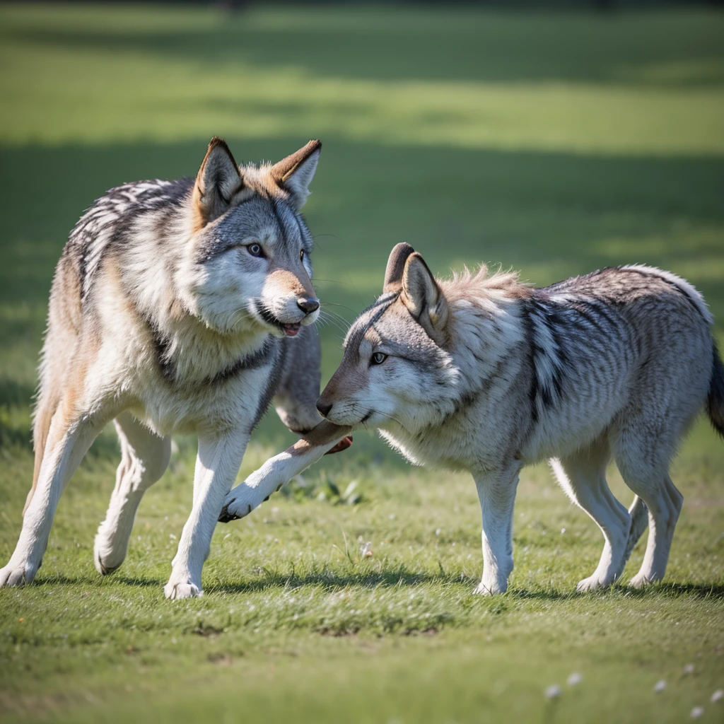 In the green grassland is a terrible Wolf, chasing a lovely rabbit, the highest detail depiction, more details, the most realistic picture, 8k picture quality, using Nikon Z9 200mm lens shooting, 3d rendering, clear focus,