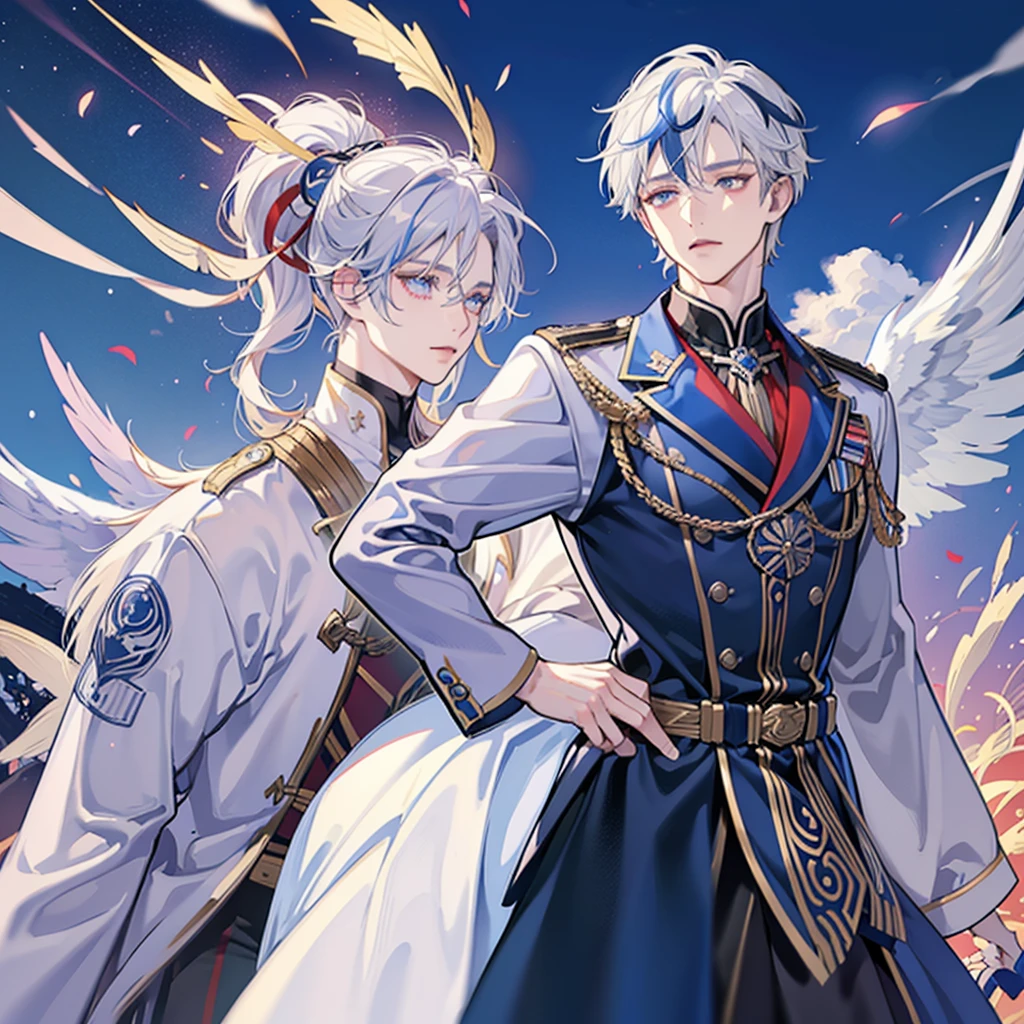 Adult sensei with striking appearance. Bright white hair with a blue streak running through it. warm tone skin. Almond-shaped eyes with a fascinating lilac shade adorned with a star-shaped pupil. On the back there are two huge brown wings.. Dress up a hero suit with the Chilean flag. anime style Boku no Hero academia 