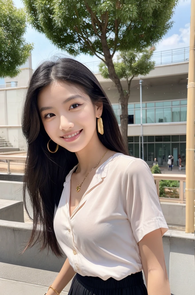 Rooftop of university building, 4th year university student, ((full body)), ((photo)), ((best qualtiy, 8K, tmasterpiece:1.3)), Focus:1.2, perfect figure beautiful girl:1.4, 1girl, cowboy shot, look at viewer, eyes facing the camera, incredibly absurd, beautiful and cute girl with a photorealistic face, showcasing top-quality craftsmanship, A Japanese girl watching the sunset on the roof of a university building, 19 years old, long, straight, silky black hair, fair skin, big eyes, thin eyebrows, double eyelids, long eyelashes, pink lips, smile, devilish smile, gorgeous features, well-defined facial features, beautiful face line, mysterious beauty, slender, tall, well-balanced proportions, large E-cup breasts, white shirt, tight black skirt, beige pumps, gold necklace and bracelet, small earrings, elegant ring, pretty girl, beauty, devilish type, pretty older sister, passionate about art, sociable, friendly, positive, has leadership skills, is proactive, is flexible, gets things done efficiently, works hard towards dreams and goals, March