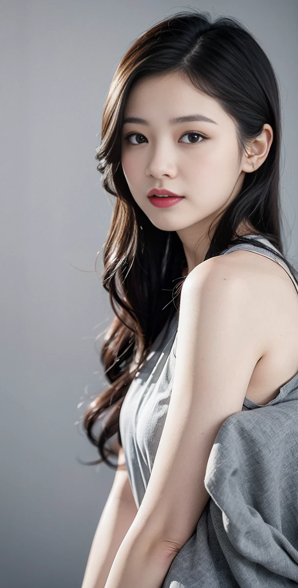 Highest quality, 1 beautiful woman, 28 years old, s, 35mm lens, F/1, Cowboy shot, Specific Background、Tiled background、Perm、sweat ((light gray shirt)), sleeveless,