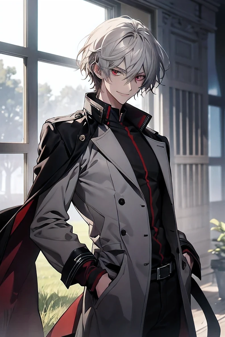 (Confused, High resolution, Very detailed), 1 male, Silver Hair,Shortcuts,Looks soft,Wavy Hair,Short Hair,Deep red eyes,White and black pilot suit,24th generation,beauty,mature,thin,quiet,Calm,A small smile,A kind smile,Embarrassed smile,In front of the person I like,Long coat,Slender and thin,skinny pants,grassland,tall,
