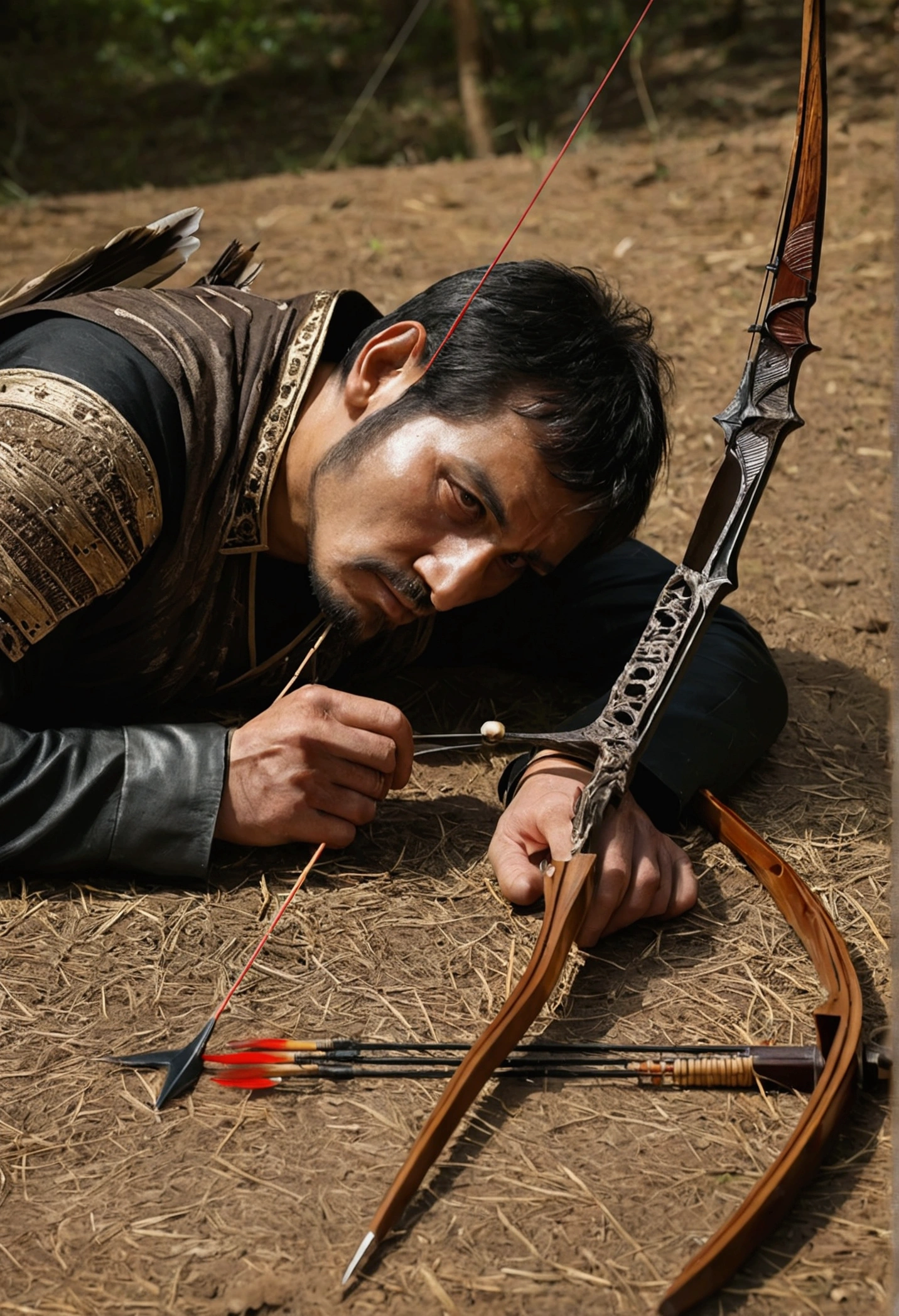 A dead man next to a bow arrow