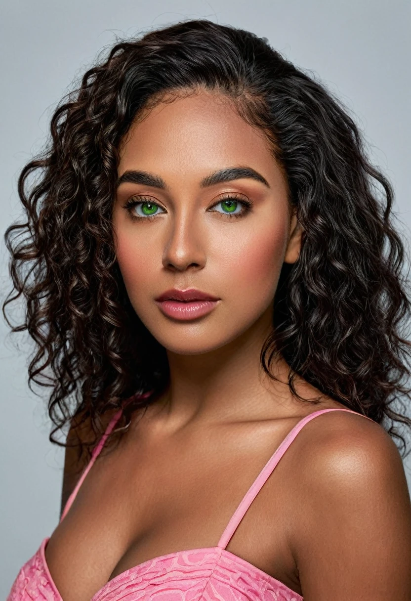 Completely Arafed woman with green eyes, wearing a pink dress. beautiful young black woman with dark skin, black Brazilian mixed race, beautiful 30 year old Afro-Latina girl, beautiful African and Latina, Brazilian and Angolan descent, a black woman, mixing African and indigenous features, a unique mix of indigenous, African and European ebony . The hair is extremely curly, with well-defined and voluminous curls. The natural texture. Her hair is long, falling in voluminous waves around her shoulders and down her back. The hair has a lot of volume, creating a full, dense appearance. The hair is black. green eyes, eye is green, green and expressive eyes, beautiful green eyes, realistic green eyes, detailed green eyes (eyeliner, long eyelashes). Perfect eyebrows and are thick. the nose is small and proportional, beautiful face. Attractive and irresistible mouth, well-defined lips, full lips, voluminous lips, seductive lips. The face is oval, with high cheekbones and a well-defined chin, a beautiful and detailed face. Professional, dramatic makeup, a more impactful look with shadows that accentuate the captivating look, Striking makeup, with eyeliner, black lipstick. Skin tone: Olive skin, healthy and with uniform shine, with olive skin, dark skin, sexy girl with skin brunette, detailed skin texture, beautiful and glowing skin, intricate details, smooth skin, healthy and radiant appearance. A woman has a well-defined and athletic body. Her silhouette is shapely, highlighting a thin waist in contrast to fuller hips and bust. She has a prominent bust, with large, firm breasts, silicone breasts, voluminous breasts. Thin waist. The hips are wide and well-defined, with a pronounced hourglass shape and a large butt. The legs are long and muscular, with well-defined thighs. 50 mm lens, f/2.8, hdr, (8K) RAW photo, high quality resolution 8K uhd, dslr, 2k, 4K, 8K, 16K.