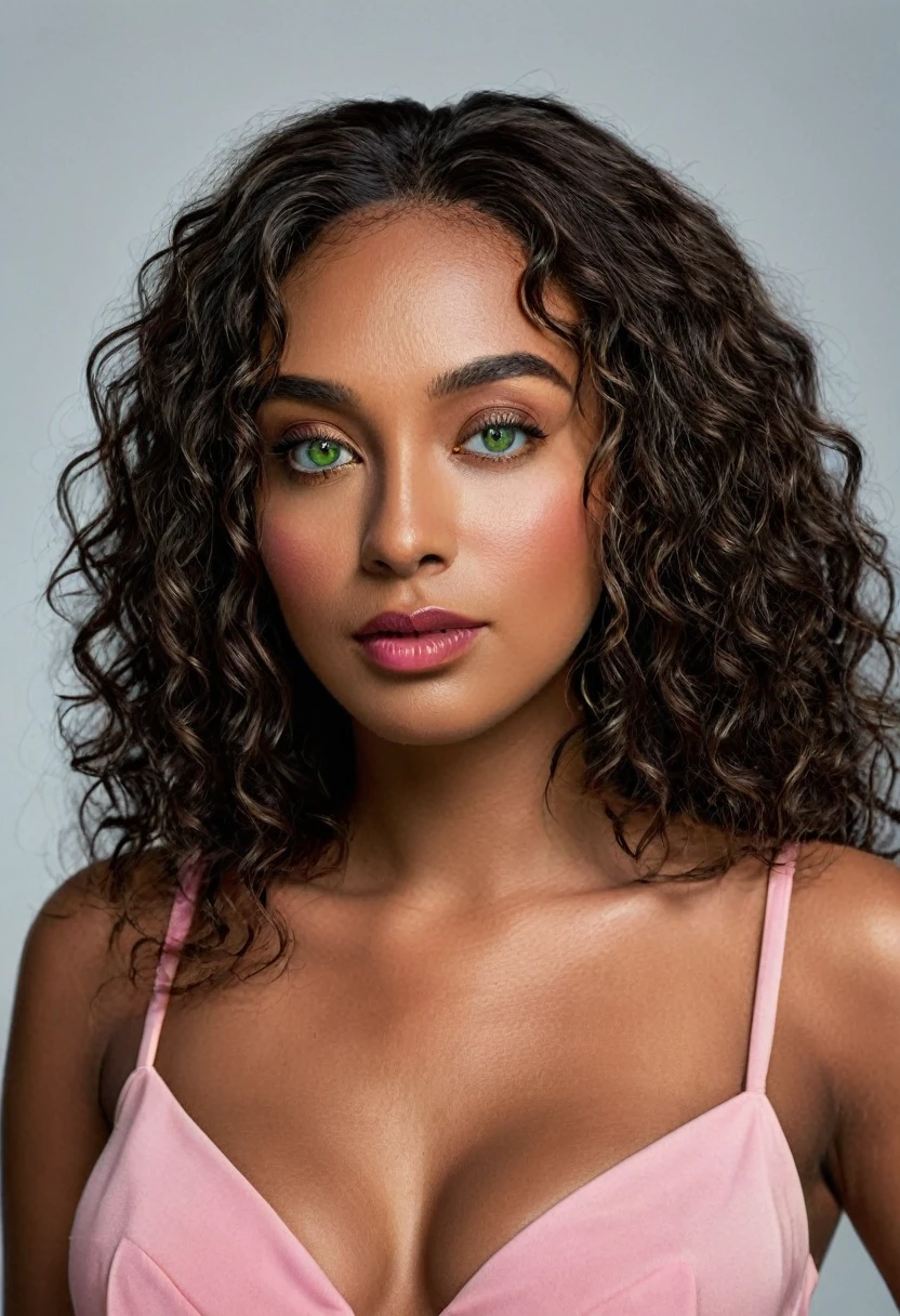 Completely Arafed woman with green eyes, wearing a pink dress. beautiful young black woman with dark skin, black Brazilian mixed race, beautiful 30 year old Afro-Latina girl, beautiful African and Latina, Brazilian and Angolan descent, a black woman, mixing African and indigenous features, a unique mix of indigenous, African and European ebony . The hair is extremely curly, with well-defined and voluminous curls. The natural texture. Her hair is long, falling in voluminous waves around her shoulders and down her back. The hair has a lot of volume, creating a full, dense appearance. The hair is black. green eyes, eye is green, green and expressive eyes, beautiful green eyes, realistic green eyes, detailed green eyes (eyeliner, long eyelashes). Perfect eyebrows and are thick. the nose is small and proportional, beautiful face. Attractive and irresistible mouth, well-defined lips, full lips, voluminous lips, seductive lips. The face is oval, with high cheekbones and a well-defined chin, a beautiful and detailed face. Professional, dramatic makeup, a more impactful look with shadows that accentuate the captivating look, Striking makeup, with eyeliner, black lipstick. Skin tone: Olive skin, healthy and with uniform shine, with olive skin, dark skin, sexy girl with skin brunette, detailed skin texture, beautiful and glowing skin, intricate details, smooth skin, healthy and radiant appearance. A woman has a well-defined and athletic body. Her silhouette is shapely, highlighting a thin waist in contrast to fuller hips and bust. She has a prominent bust, with large, firm breasts, silicone breasts, voluminous breasts. Thin waist. The hips are wide and well-defined, with a pronounced hourglass shape and a large butt. The legs are long and muscular, with well-defined thighs. 50 mm lens, f/2.8, hdr, (8K) RAW photo, high quality resolution 8K uhd, dslr, 2k, 4K, 8K, 16K.