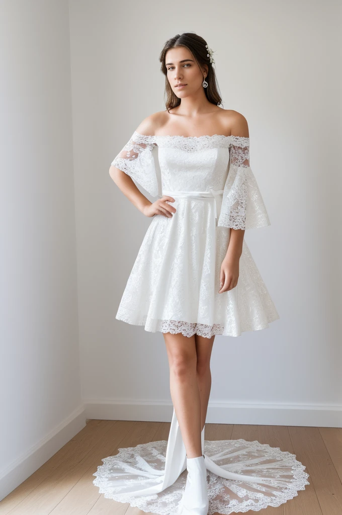 Best quality, 8k, 32k, Masterpiece, Masterpiece, (Photorealistic: 1.4), RAW photo, ultra realistic, 1girl, Fashion model, Wearing a off shoulder wedding dress, lace fabric, full length view, pose Stand upright in white room with a minimalist design, featuring white walls and a clean, modern aesthetic.
