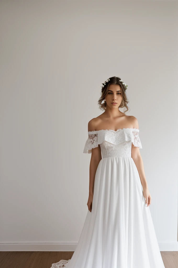 Best quality, 8k, 32k, Masterpiece, Masterpiece, (Photorealistic: 1.4), RAW photo, ultra realistic, 1girl, Fashion model, Wearing a off shoulder wedding dress, lace fabric, full length view, pose Stand upright in white room with a minimalist design, featuring white walls and a clean, modern aesthetic.