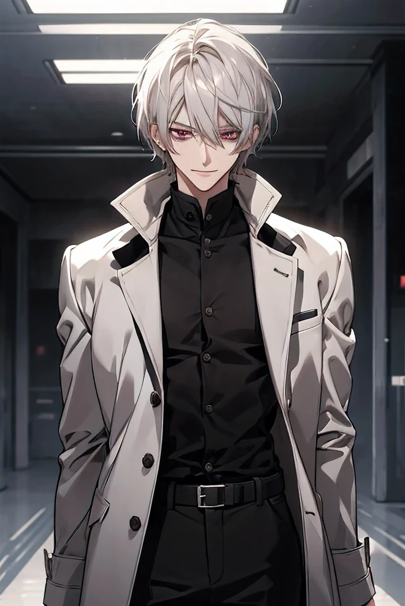(Confused, High resolution, Very detailed), 1 male, Silver Hair,Shortcuts,Looks soft,Wavy Hair,Short Hair,Deep red eyes,White and black pilot suit,24th generation,beauty,mature,thin,quiet,Calm,A small smile,A kind smile,Embarrassed smile,In front of the person I like,Long coat,Slender and thin,skinny pants,grassland,tall,