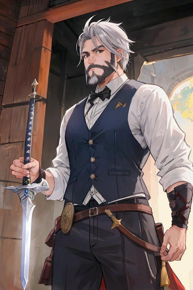 Middle-aged men、Gray Hair、Short Beard、Adventurer Appearance、Hold the Sword
