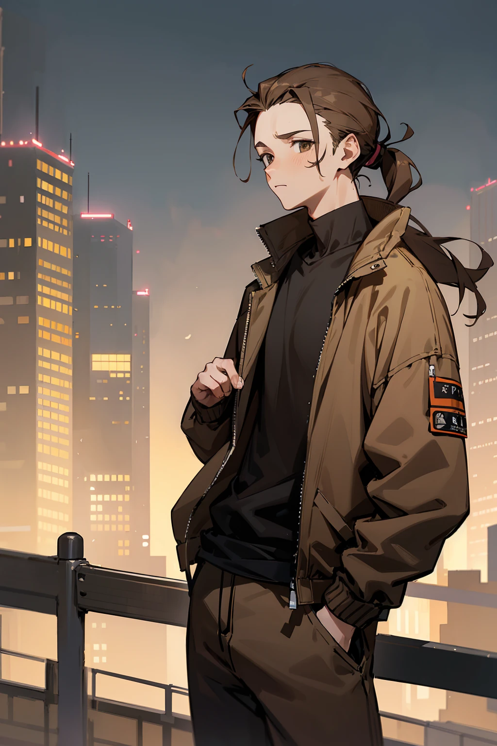 1male, adult, light brown hair, messy short ponytail, hazel eyes, uninterested expression, forehead, middleparted hair, open brown jacket, black compressed undershirt, lean, black joggers, city background, standing on path, hands to side