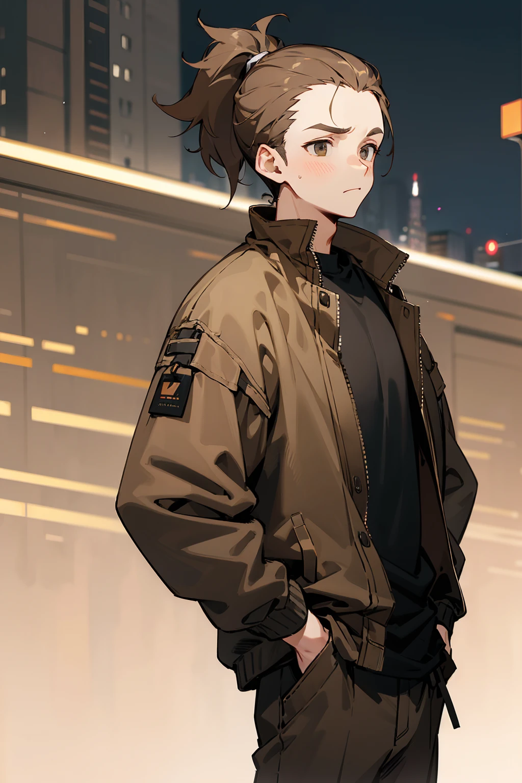 1male, adult, light brown hair, messy short ponytail, hazel eyes, uninterested expression, forehead, middleparted hair, open brown jacket, black compressed undershirt, lean, black joggers, city background, standing on path, hands to side