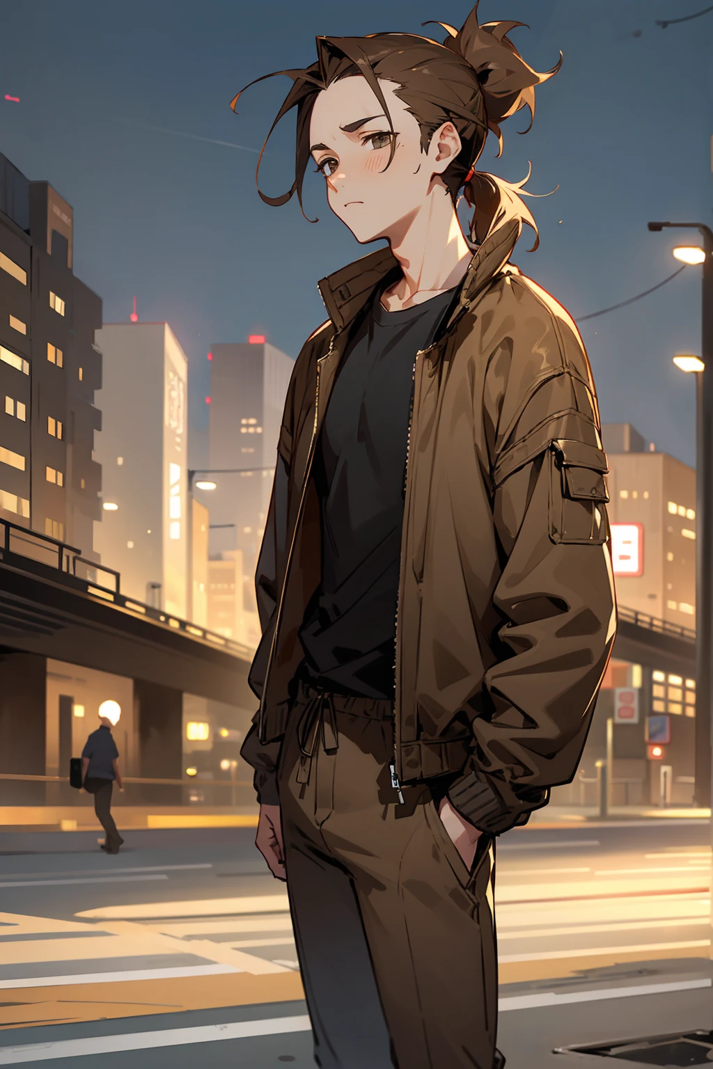 1male, adult, light brown hair, messy short ponytail, hazel eyes, uninterested expression, forehead, middleparted hair, open brown jacket, black compressed undershirt, lean, black joggers, city background, standing on path, hands to side