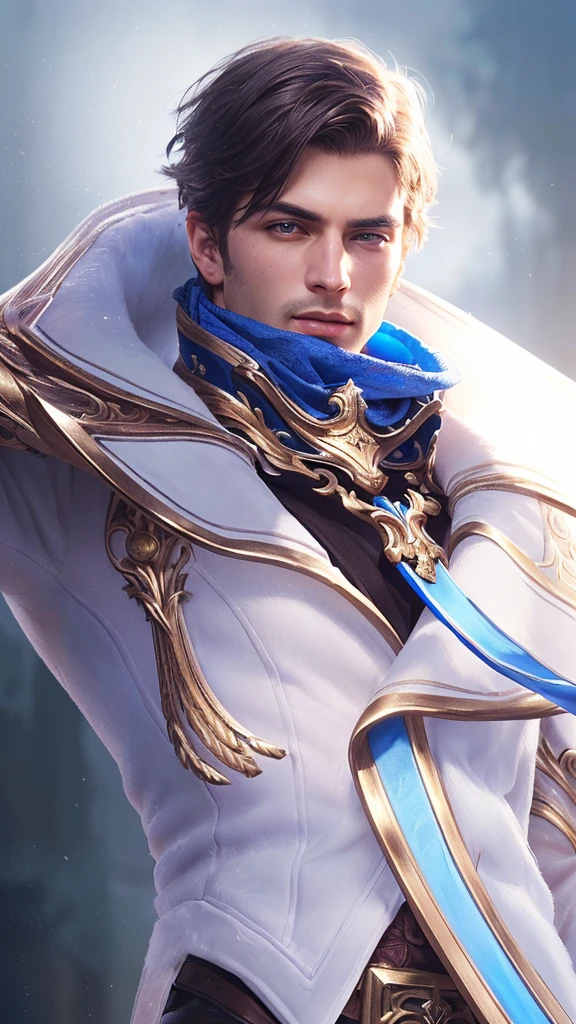 a close up portrait of a man with a sword and a blue scarf, delicate androgynous prince, dramatic lighting, high detailed face, extravagant royal costume, dramatic pose, intricate ornate details, ornate gold accents, cinematic composition, rich color palette, chiaroscuro lighting, dramatic shadows, moody atmosphere, masterpiece, photorealistic, 8k, (best quality,4k,8k,highres,masterpiece:1.2),ultra-detailed,(realistic,photorealistic,photo-realistic:1.37)