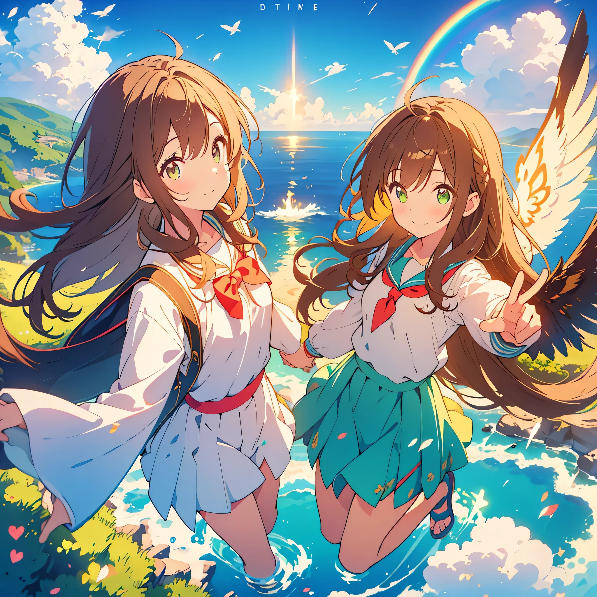 kawaii, anime, Cute, hyper quality, highly detailed, 8k, Front facing, Clarity, brown long hair, green eyes, smile, whole body, heaven, Rainbow colored wings on the back, particles of light, sky background, flapping its wings, Pose with movement, Fantastic, heaven, fantasy, water, Clearly depict facial expressions, fly into the sky, Richly colored, above the sky, Heaven, above the clouds, Composition overlooking the ground, look up at the sky, island country, sparkling sea, sparkling light, dancing in the air, fly off the ground, far away from the ground, jump, The girl has long brown hair and golden eyes., highlight on eyes, Draw the two sisters of the characters, 