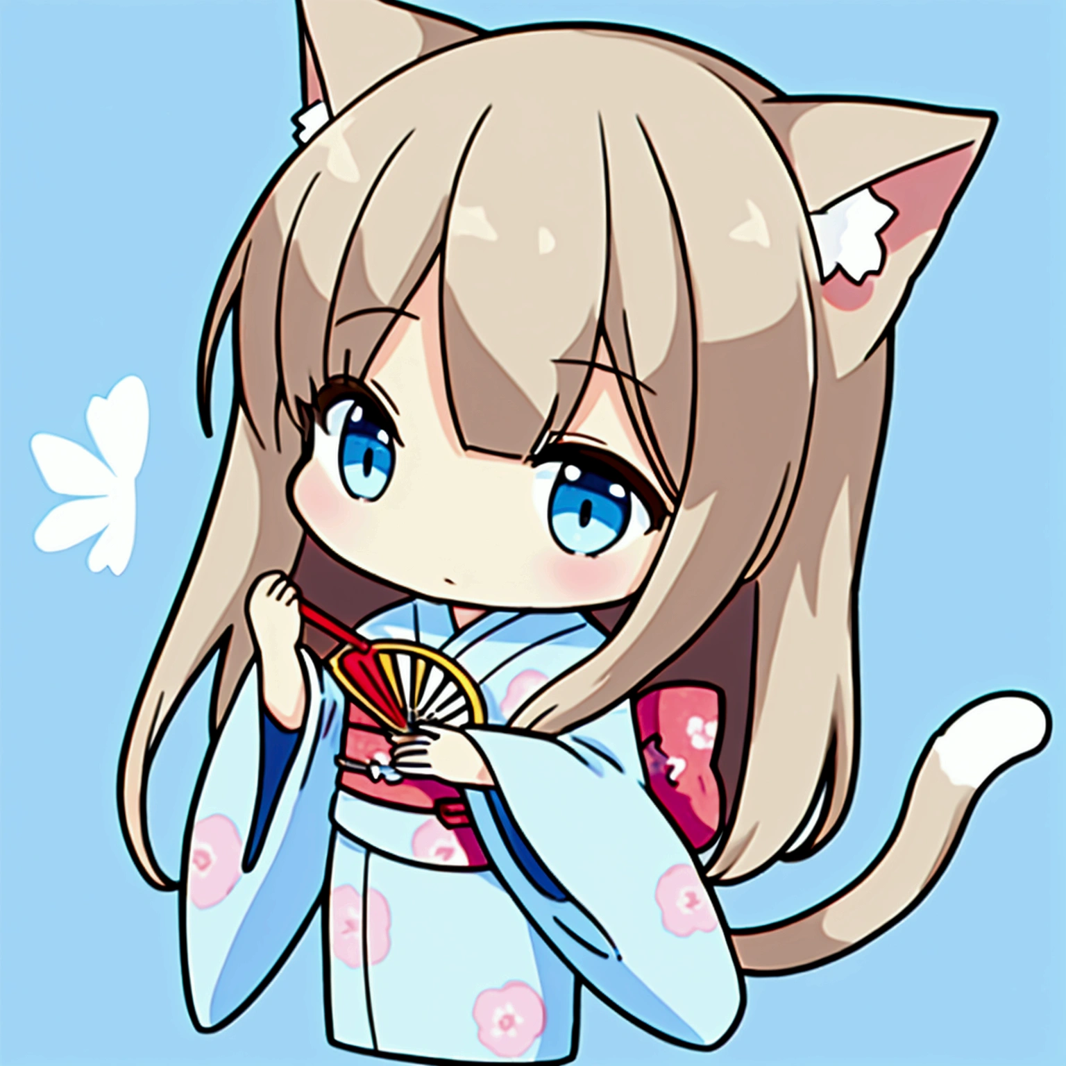 A chibi character of a woman in her 20s wearing a long-hemmed white kimono with a light blue floral pattern, holding a folding fan, cat ears and a tail, medium-long light brown hair, light blue eyes, whole body