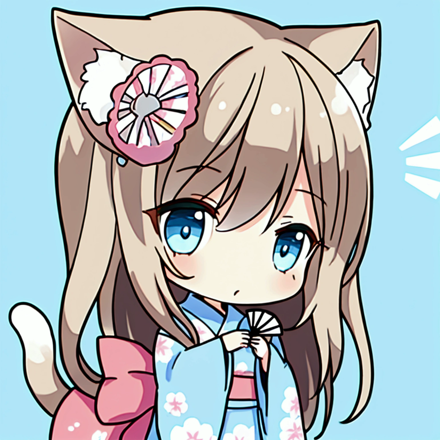 A chibi character of a woman in her 20s wearing a long-hemmed white kimono with a light blue floral pattern, holding a folding fan, cat ears and a tail, medium-long light brown hair, light blue eyes, whole body