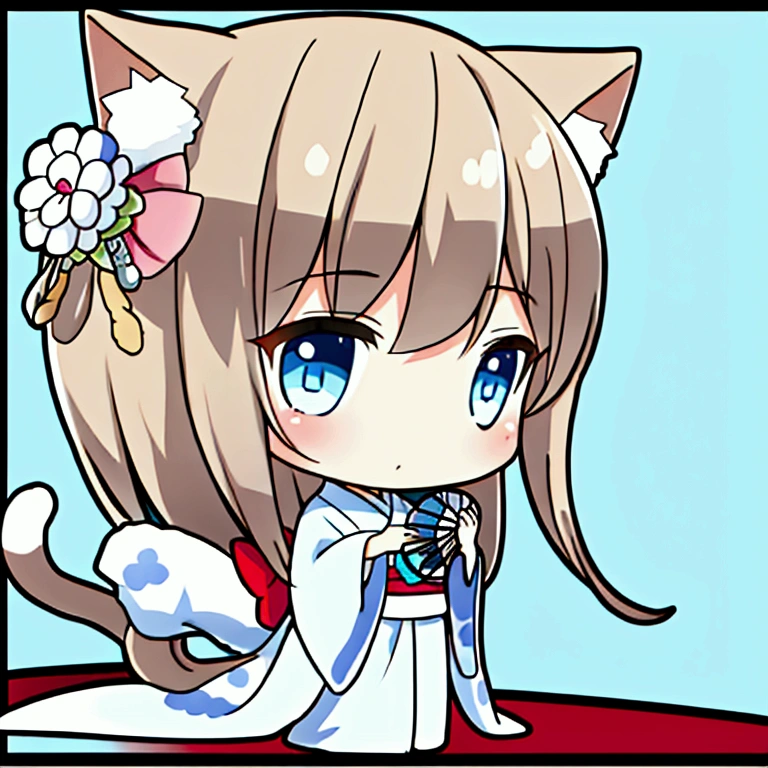 A chibi character of a woman in her 20s wearing a long-hemmed white kimono with a light blue floral pattern, holding a folding fan, cat ears and a tail, medium-long light brown hair, light blue eyes, whole body