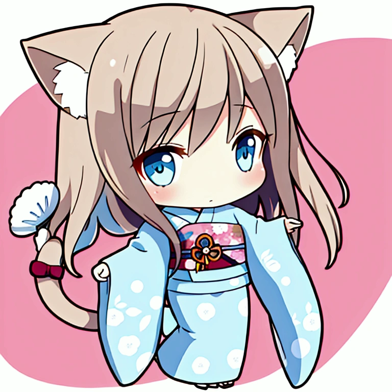 A chibi character of a woman in her 20s wearing a long-hemmed white kimono with a light blue floral pattern, holding a folding fan, cat ears and a tail, medium-long light brown hair, light blue eyes, whole body
