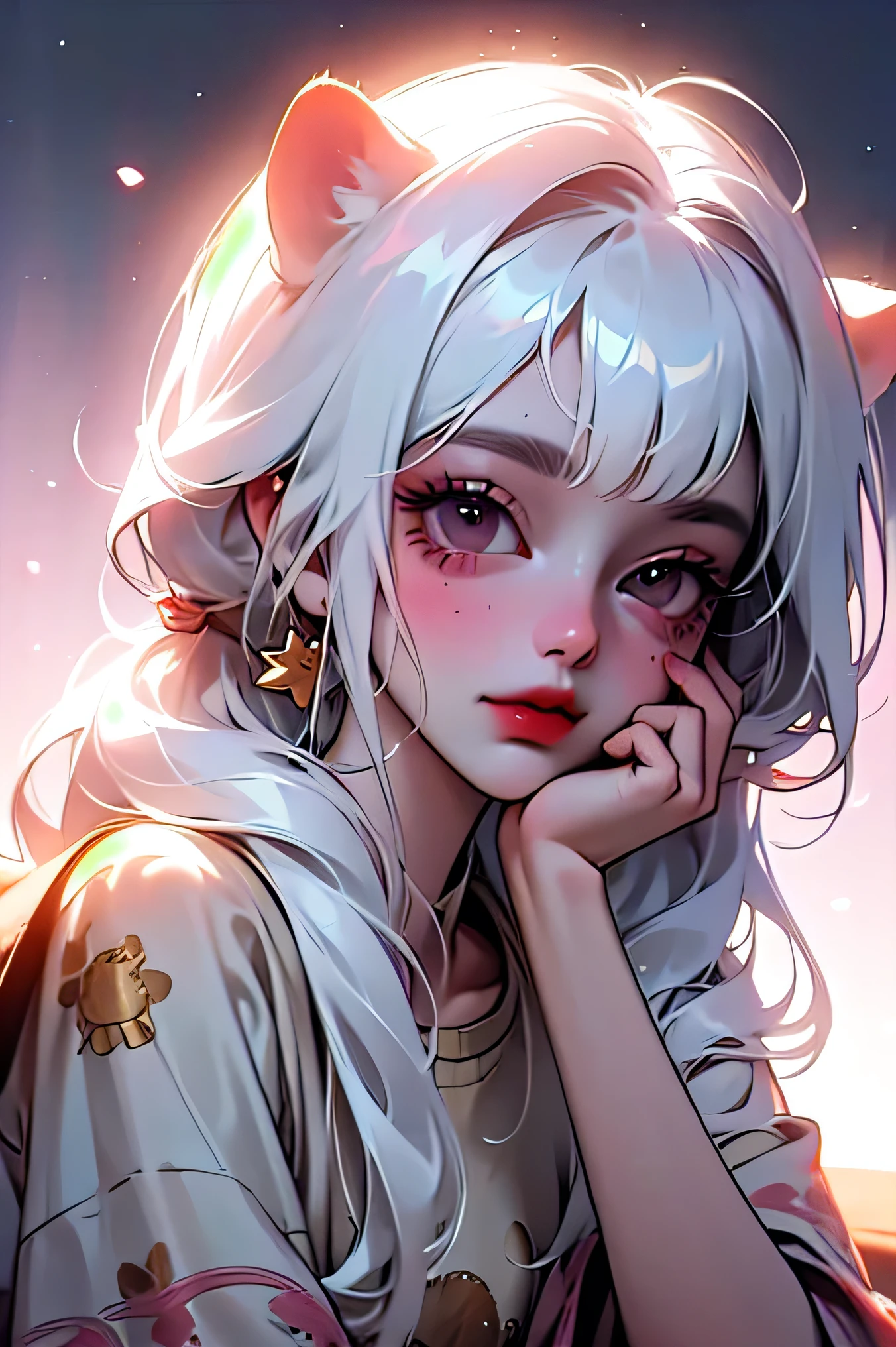 (high quality) (best quality) (a woman) (correct physiognomy) (perfect students) (perfect eyes) anime woman, deep white long and fluffy hair white, Two Ferret ears of color white coming out of his white head adorned with small golden stars As if they were the color of your ears, lips sensitive, red eyes feminine appearance, soft facial features, thin eyebrows, soft skin, rosy cheeks, pink lips, silky eyelashes, dreamy expression, middle age, youthful clothing, print sweatshirt, photo illuminated by sunlight, Woman sitting on Snow.