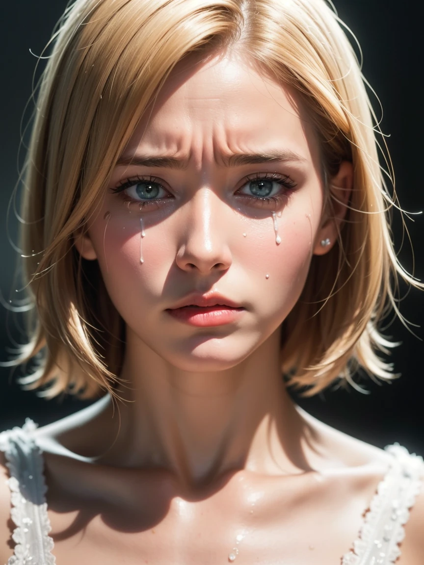 Romantic cinematic style, american shot, 4K resolution masterpiece, high quality of detailing, photorealista, with natural textures, chromatic aberration, high detailed of the beautiful and feminine facial features with crystal clear eyes full of sadness, The shot shows a young blonde woman with short hair, She is crying with a broken heart when she sees an old photograph., your sadness is great, with her tearful eyes half-closed, realistic colors but in sad and dull tones