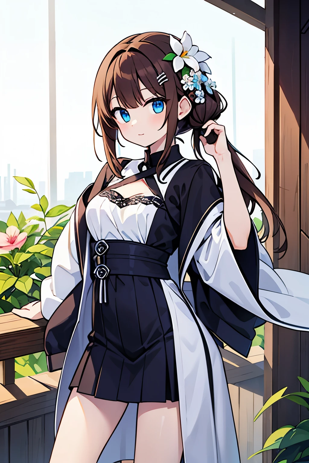 adult、Cute outfits、G-Cup , Brown Hair ,Single flower in the hair, White skin,blue eyes、