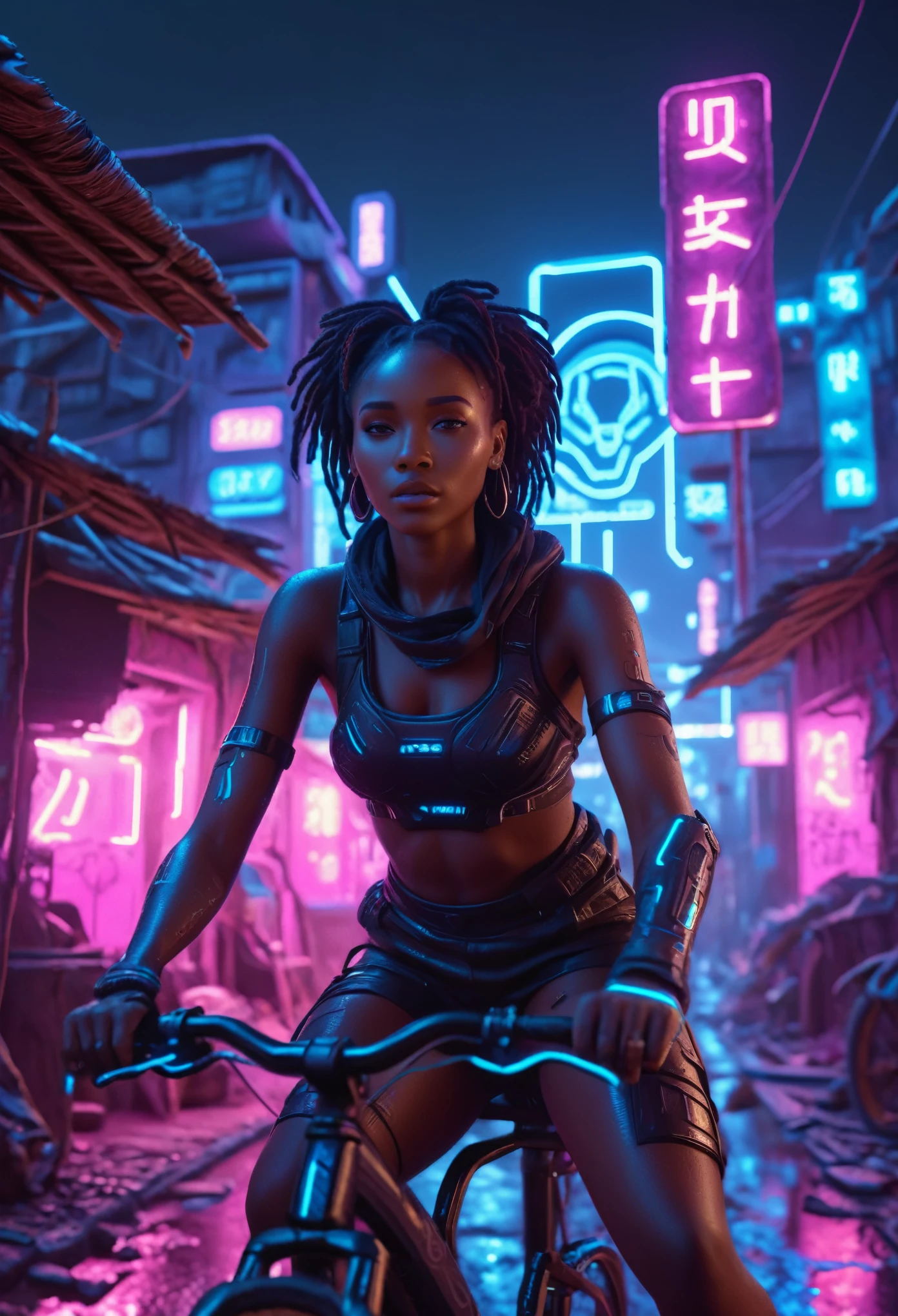 African woman riding a sci-fi bicycle in a futuristic cyberpunk African village, night time with neon lit buildings and futuristic clay huts creating a cinematic lighting, 32k, ultra HD, unreal engine rendered, highly detailed images 