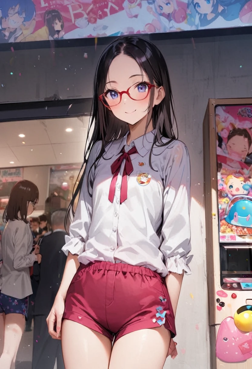 Very Berry Shorts、Panties、Panty shot、arcade、game machine、Game bench、UFO Catcher、Purikura、Date、forehead、Girl、Girl、Short、Younger、Lower school year、Baby Face、flat chest、smile、Dynamic Angle、masterpiece、best quality、ultra-detail、There are customers around、I'm making a mess、Clothing、Fashionable glasses
