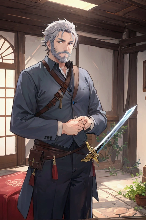 Middle-aged men、Gray Hair、Short Beard、Adventurer Appearance、Hold the Sword