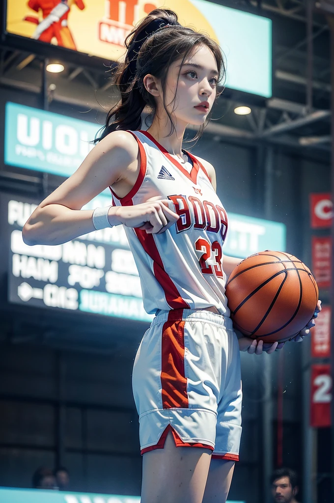 (((best quality))), (((ultra detailed))), (((masterpiece))), illustration, ((1girl,female basketball player,solo)),(slam dunk:1.3),(hands on the basket:1.3), intensity, determined expression, flushed face, perspiration, almond-shaped eyes, mesh jersey, team name and number, form-fitting shorts, athletic build, high-top basketball shoes, indoor basketball gym, well-lit, wooden floor, scoreboard, spectators, stands, action, impact, ball through the hoop, victory, achievement, dedication, skill,(basketball:1.3)