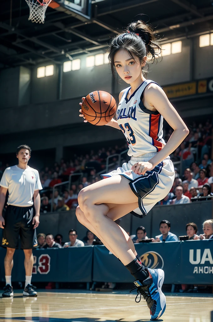 (((best quality))), (((ultra detailed))), (((masterpiece))), illustration, ((1girl,female basketball player,solo)),(slam dunk:1.3),(hands on the basket:1.3), intensity, determined expression, flushed face, perspiration, almond-shaped eyes, mesh jersey, team name and number, form-fitting shorts, athletic build, high-top basketball shoes, indoor basketball gym, well-lit, wooden floor, scoreboard, spectators, stands, action, impact, ball through the hoop, victory, achievement, dedication, skill,(basketball:1.3)