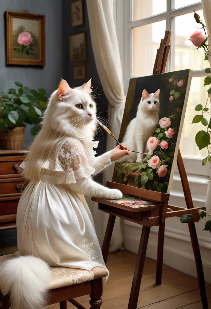 Realistic portrait of a dressed animal - beautiful long-haired white cat, painter,(He is painting a picture of a rose flower on a standing canvas while sitting on a wooden chair by a window in an interior room surrounded by beautiful plants), high quality,(Lovely) ,Intricate details, Very detailed ((Elegant lace white floral one-piece dress) ,Antique photos、Nostalgia、Very detailed decorations,, (Happy), Natural light,Evening Light、Magic Hour(Full body image:1.5)