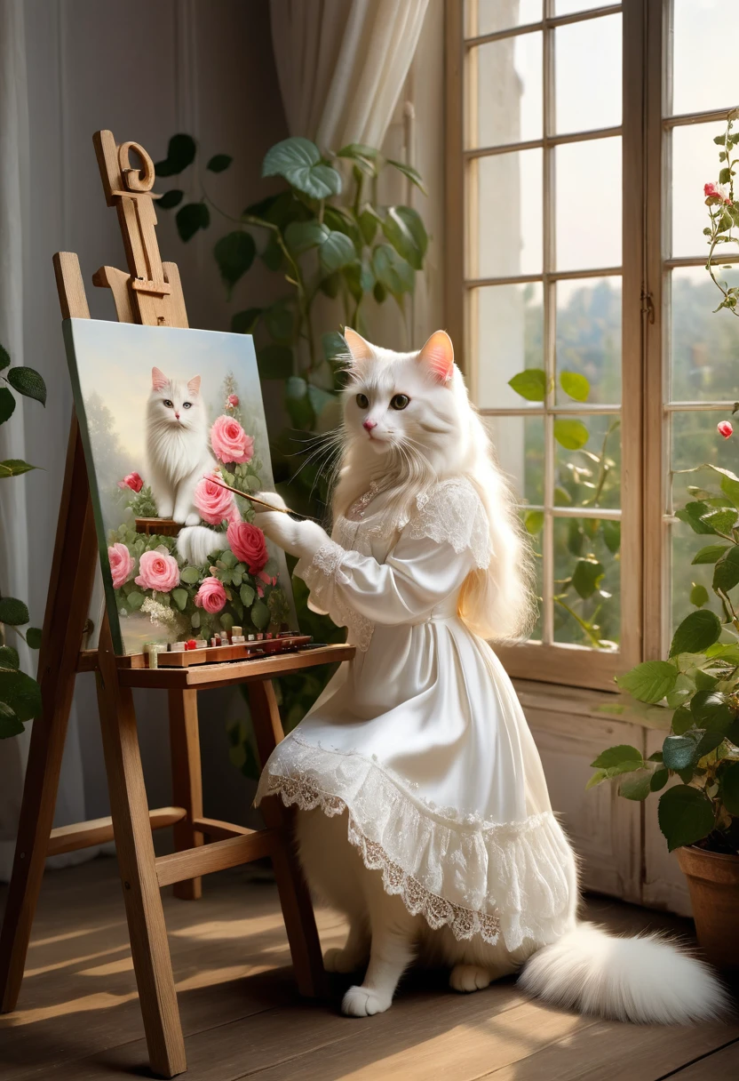 Realistic portrait of a dressed animal - beautiful long-haired white cat, painter,(He is painting a picture of a rose flower on a standing canvas while sitting on a wooden chair by a window in an interior room surrounded by beautiful plants), high quality,(Lovely) ,Intricate details, Very detailed ((Elegant lace white floral one-piece dress) ,Antique photos、Nostalgia、Very detailed decorations,, (Happy), Natural light,Evening Light、Magic Hour(Full body image:1.5)