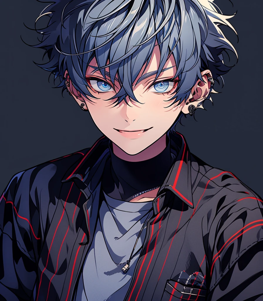 ((Highest quality)), ((masterpiece)), ((detailed)), 1people,Beautiful youth, Blue Hair, short hair, blue eyes, Cool eyes, Long-term , Biceps,Black clothes,smile,Upper Body,No text