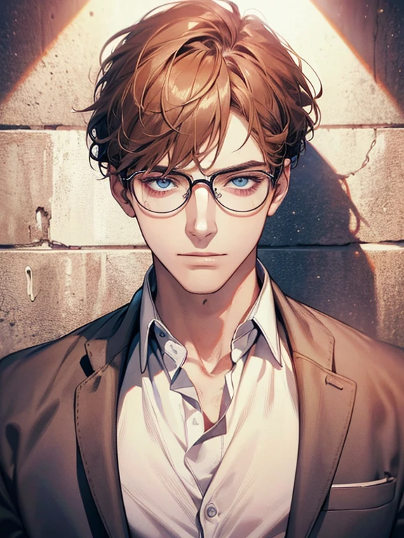 masterpiece, best quality, 1male, brunette hair, blue eyes, glasses, white shirt, mugshot, wall background, detailed eyes, detailed facial features, realistic and high resolution (best quality, 4k, 8k, highres, masterpiece:1.2)