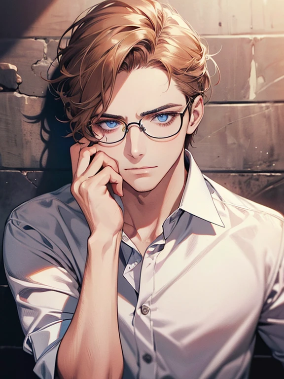masterpiece, best quality, 1male, brunette hair, blue eyes, glasses, white shirt, mugshot, wall background, detailed eyes, detailed facial features, realistic and high resolution (best quality, 4k, 8k, highres, masterpiece:1.2)