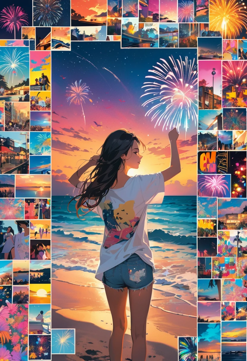 ( brush drawing,calligraphy paint),pop-art,(masterpiece, best quality:1.1), girl standing on night beach,raising her hands towards the sky,(from rear),A sky filled with many fireworks picture,teenager,detailed,wearing oversized tee,collage artwork, nostalgic melancholic artwork, collage art, fireworks collage, cmyk palette, collage art background, a contemporary artistic collage,perfect hands,