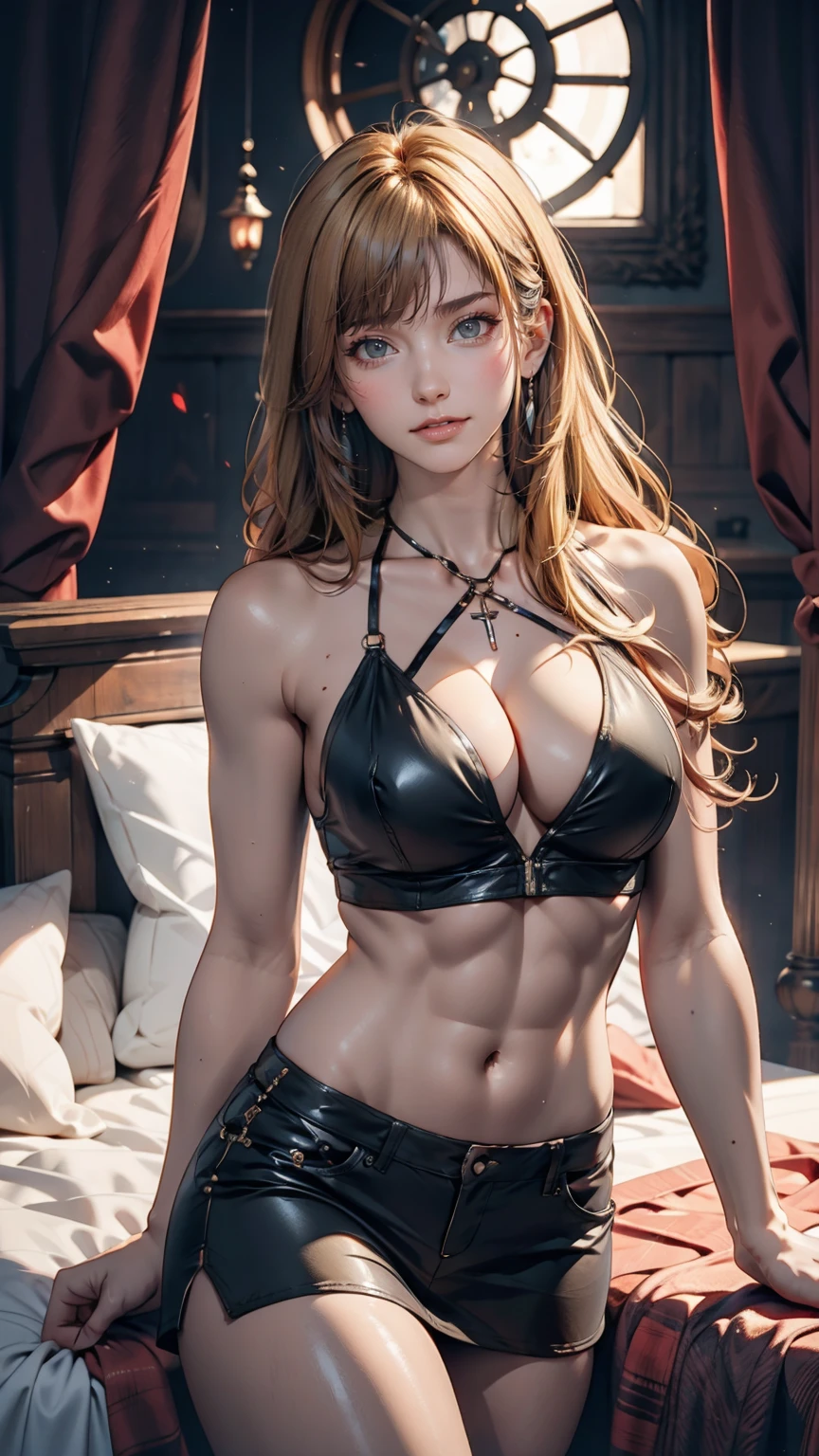 Perfectly structured, (watercolor), Digital Illustration, Anime Style, Mysterious Princess of Darkness, Very detailed, Volumetric lighting, Cute pastel colors, Dynamic configuration, Crisp, clear images, (delicate, Majestic:1.2), Beautiful beyond words,、Sexy proportions、Hourglass-shaped body shape、Narrow waist、Cross halter top、Tight Abs、Low-rise miniskirt、Exposed thighs、Nipple erection、Seductive poses、Blonde