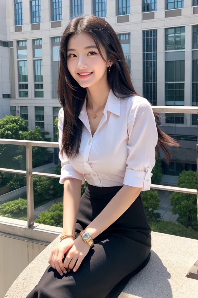 Rooftop of university building, 4th year university student, ((full body)), ((photo)), ((best qualtiy, 8K, tmasterpiece:1.3)), Focus:1.2, perfect figure beautiful girl:1.4, 1girl, cowboy shot, look at viewer, eyes facing the camera, incredibly absurd, beautiful and cute girl with a photorealistic face, showcasing top-quality craftsmanship, A Japanese girl watching the sunset on the roof of a university building, 19 years old, long, straight, silky black hair, fair skin, big eyes, thin eyebrows, double eyelids, long eyelashes, pink lips, smile, devilish smile, gorgeous features, well-defined facial features, beautiful face line, mysterious beauty, slender, tall, well-balanced proportions, large E-cup breasts, white shirt, tight black skirt, beige pumps, gold necklace and bracelet, small earrings, elegant ring, pretty girl, beauty, devilish type, pretty older sister, passionate about art, sociable, friendly, positive, has leadership skills, is proactive, is flexible, gets things done efficiently, works hard towards dreams and goals, March